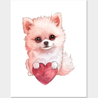 Valentine Pomeranian Holding Heart Posters and Art